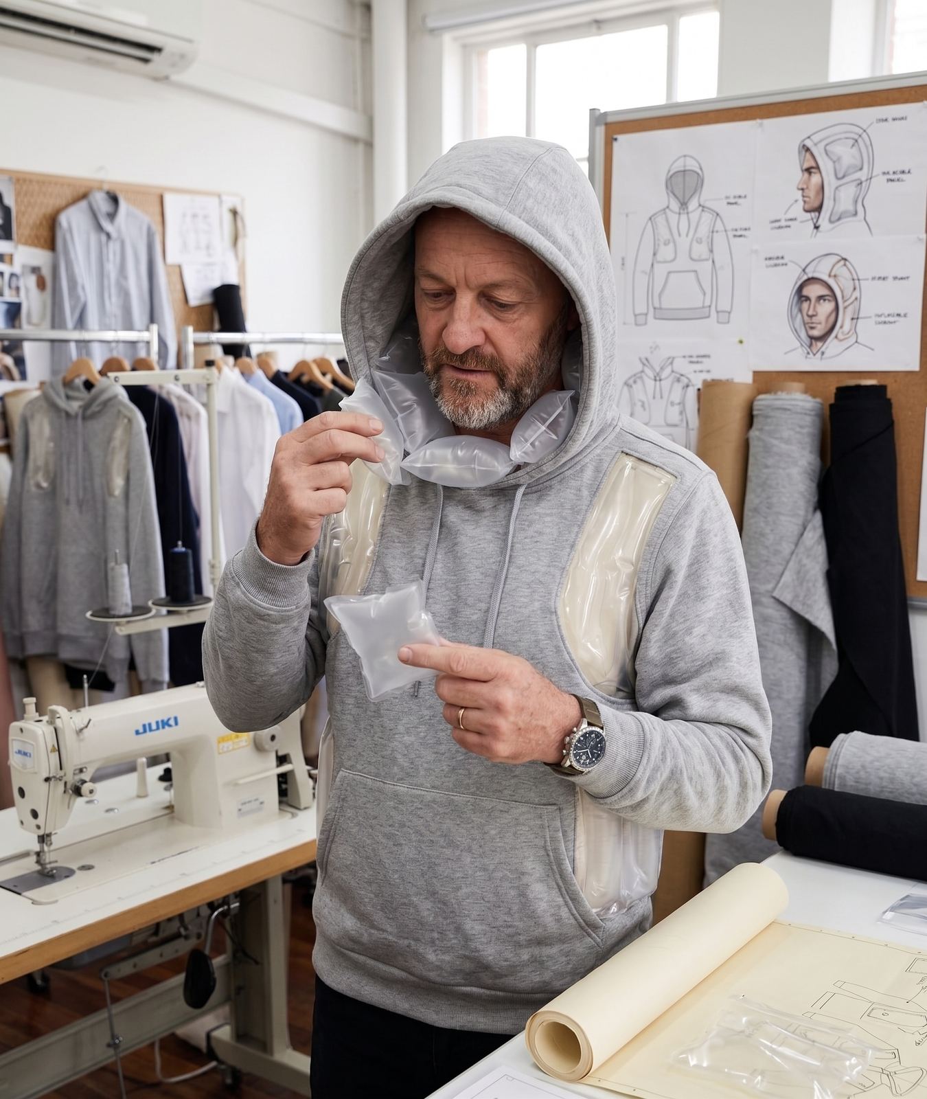 Wearing the hoodie prototype with the inflatable hood and collar panels inflated around the neck, concept sketches on the wall behind
