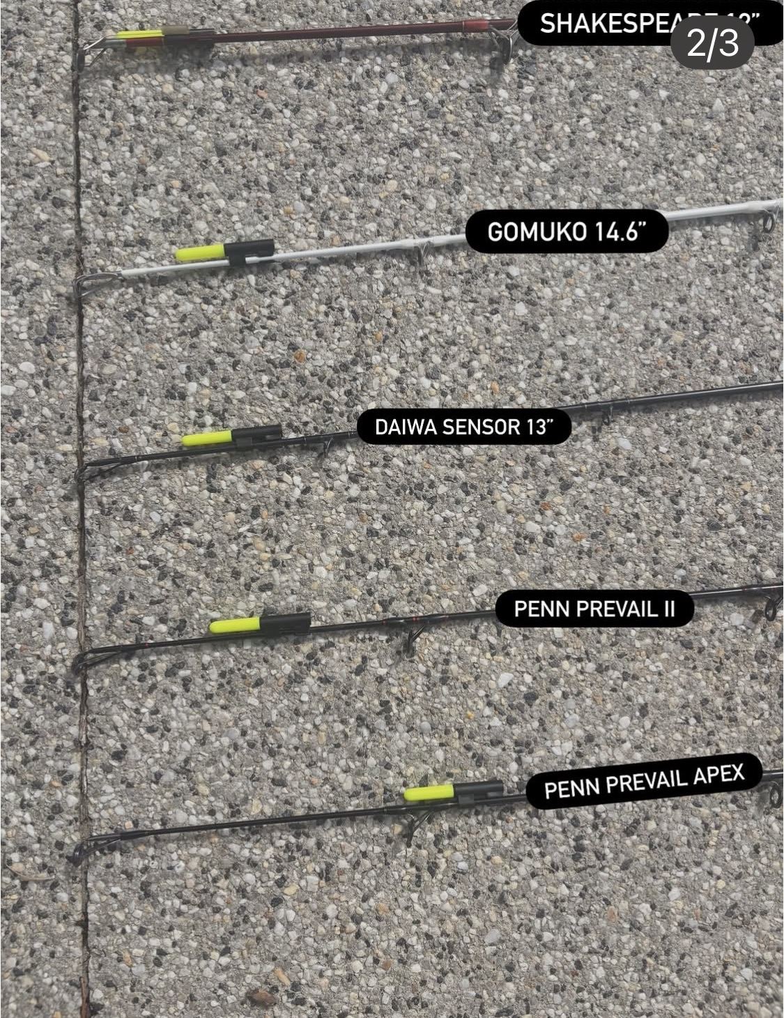 Rod Tip clips fitted to a row of different rod models in daylight, each labelled by make and size