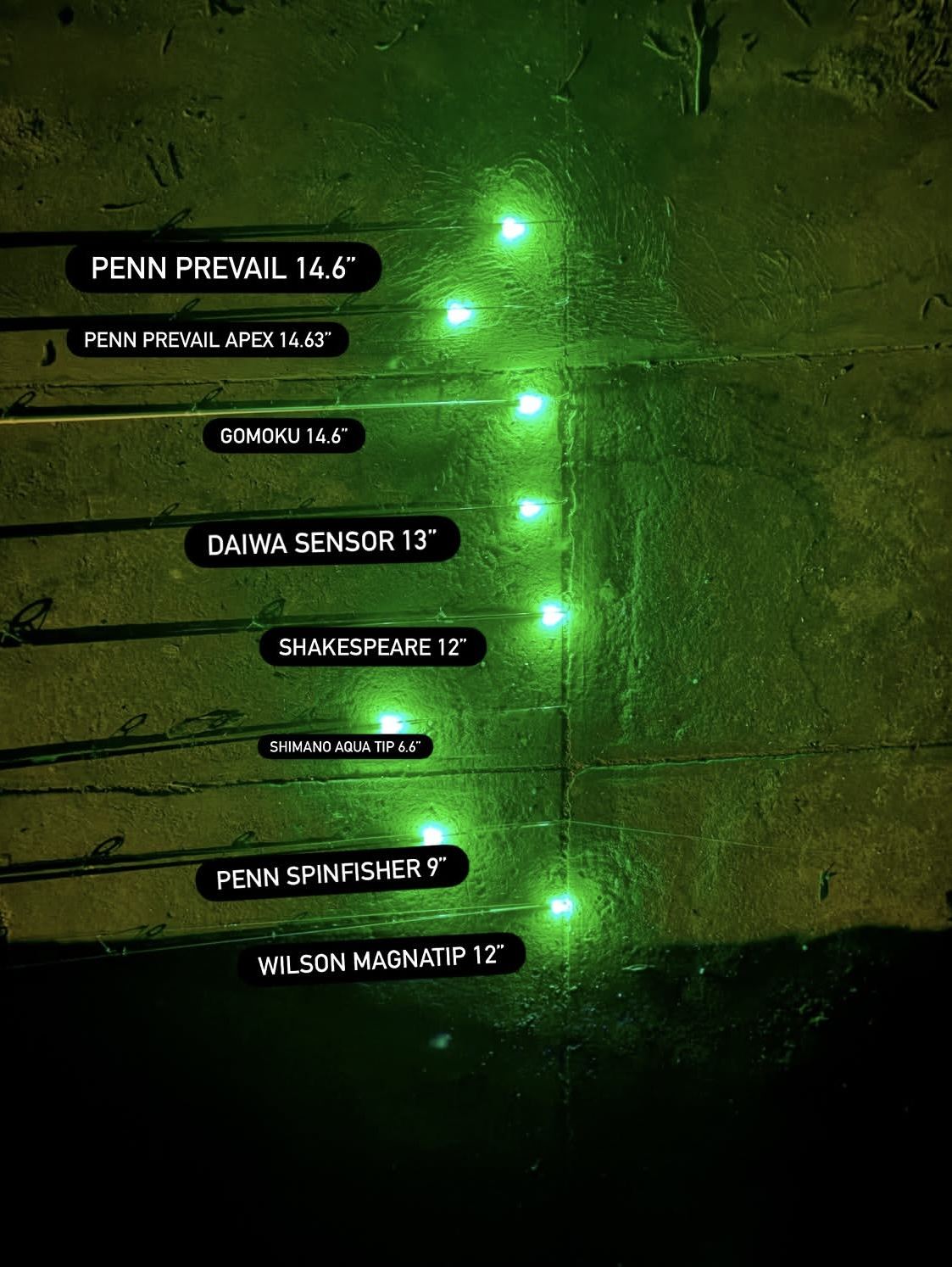 Rod Tip clips glowing green on a row of different rod models in the dark, each labelled by make and size