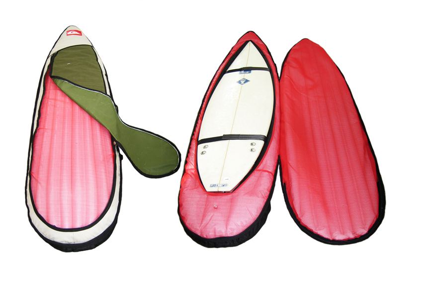 A surfboard fitted inside a red version of the cover, shown open and closed