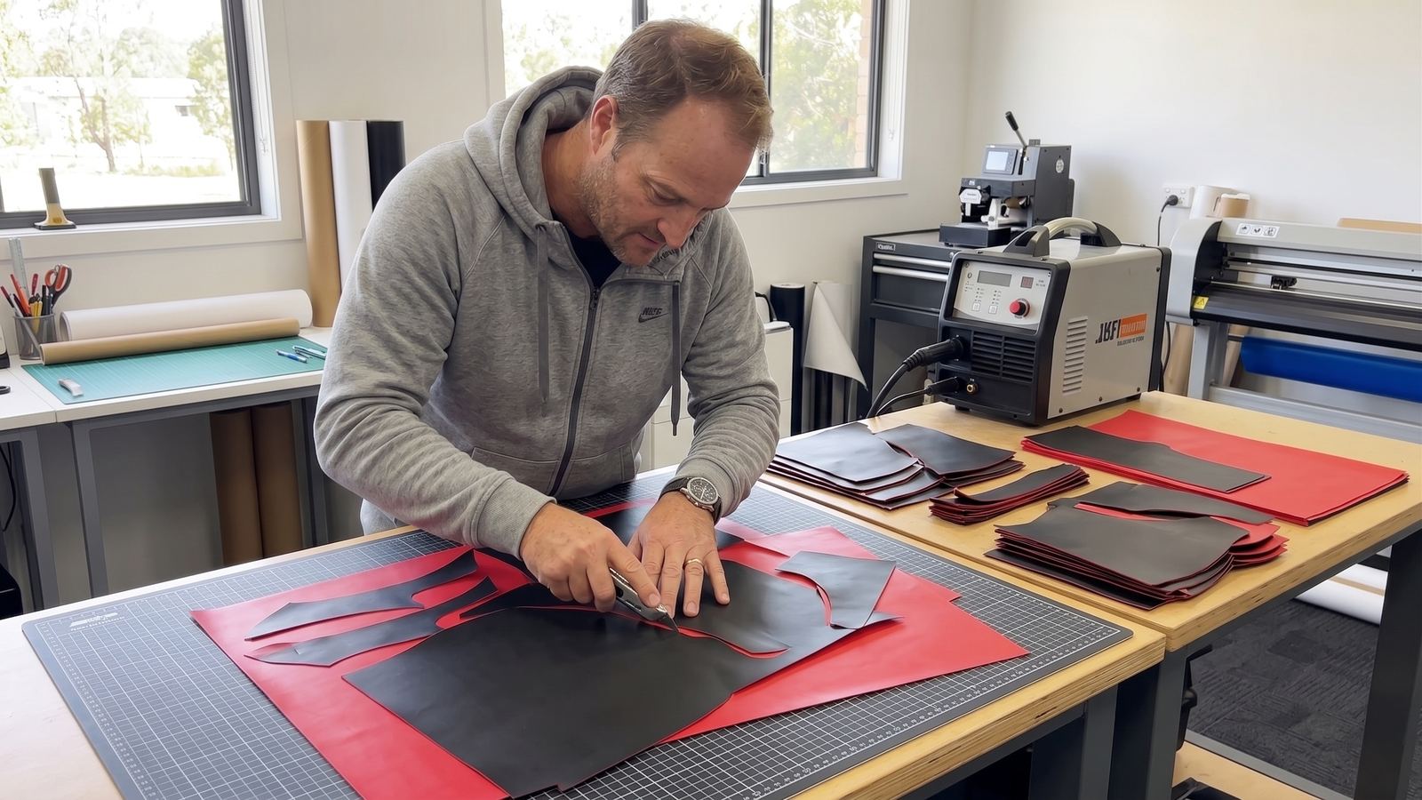 Nicco cutting black and red pattern pieces laid out across two cutting mats